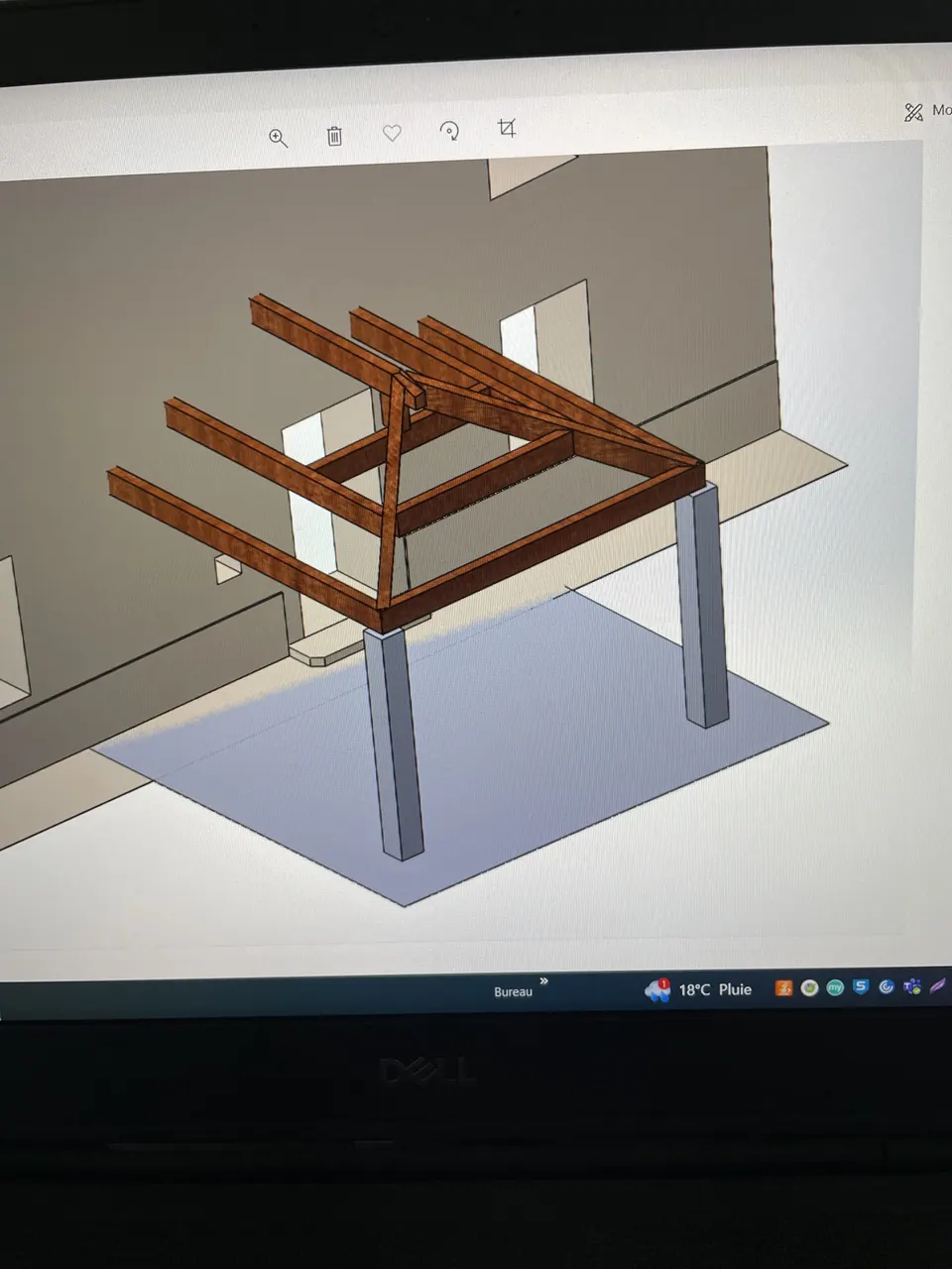 Plan 3D de l'auvent : poteaux et charpente en bois.