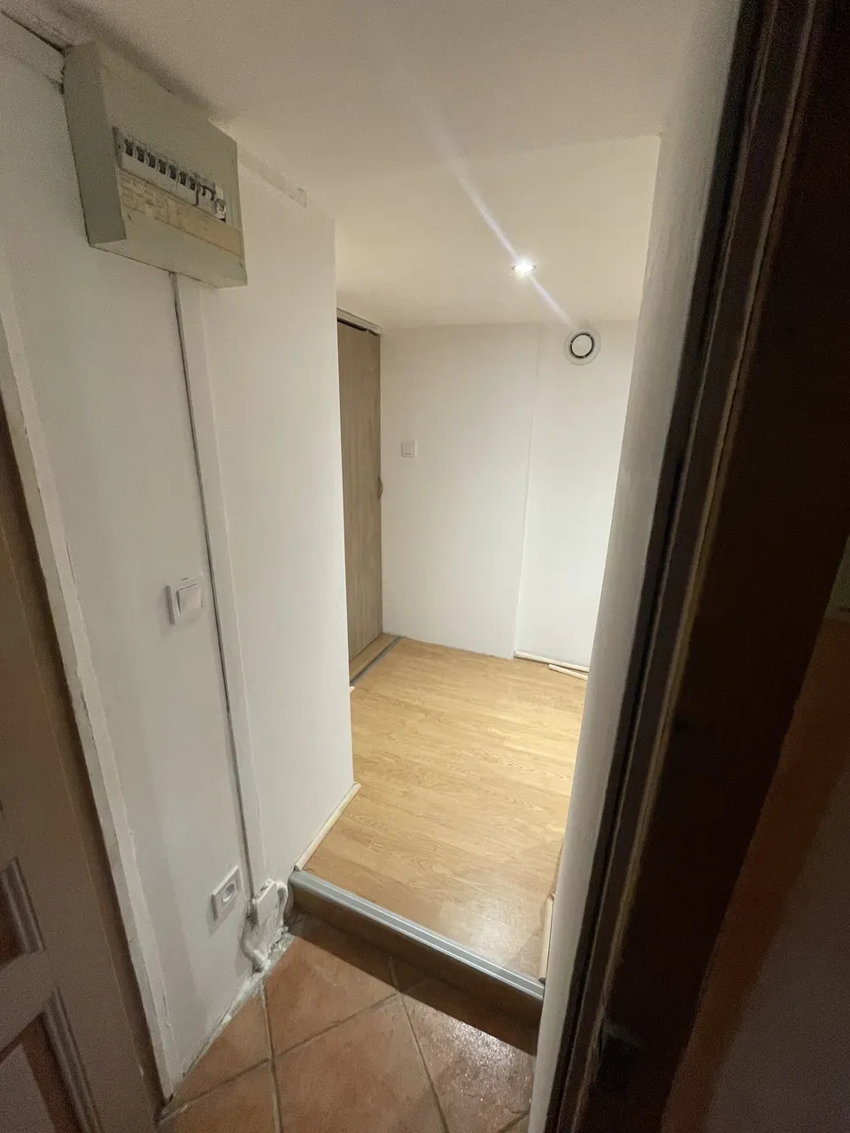Entrée avec parquet stratifié, tableau électrique et spot au plafond