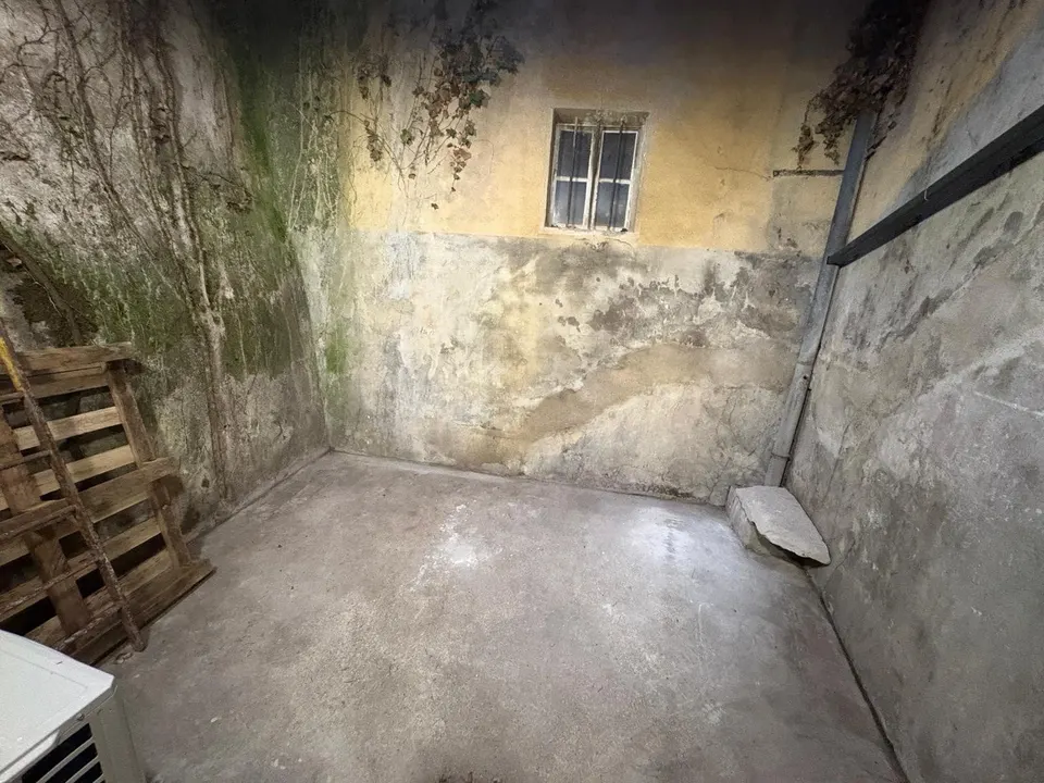 Avant travaux : une cour au sol en béton, aux murs verdis et abîmés.
