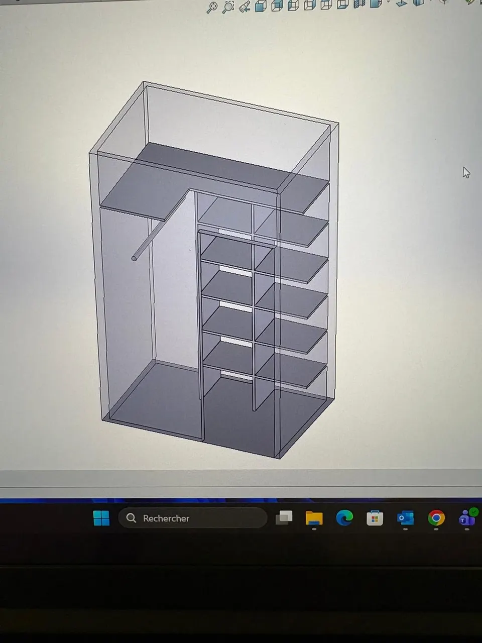 Plan 3D du dressing sur mesure : casiers, tablette haute et tringle.