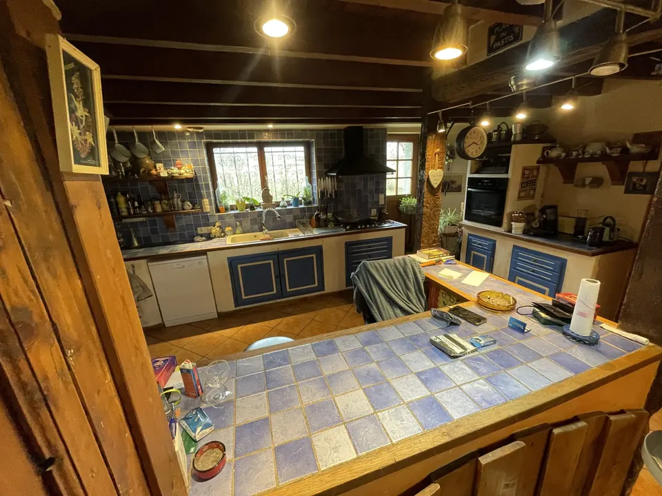 Avant travaux : vue d'ensemble de la cuisine ouverte avec son bar carrelé.